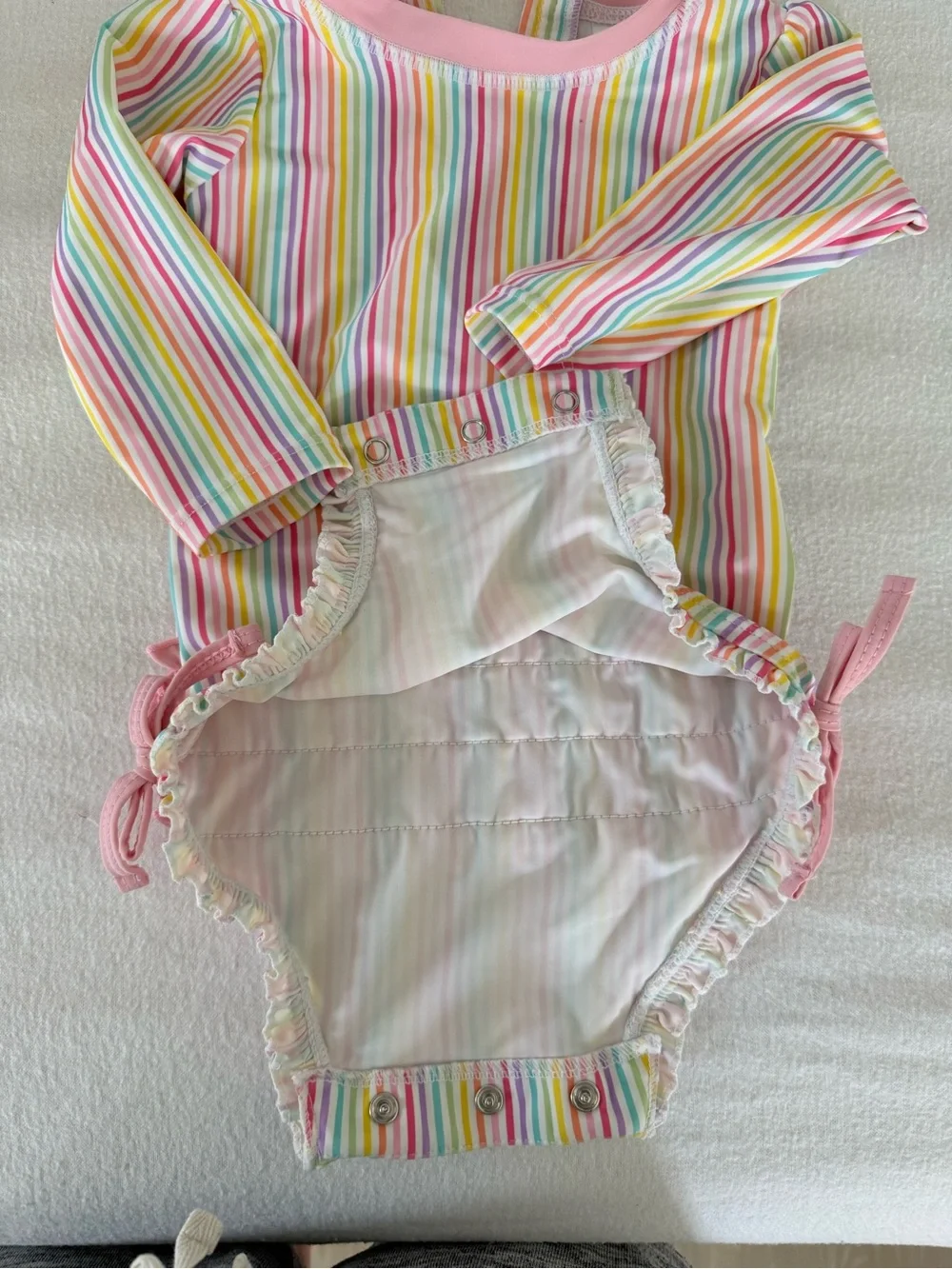 Ruffle Butts Pastel Rainbow Stripe One-Piece with Pink Trim